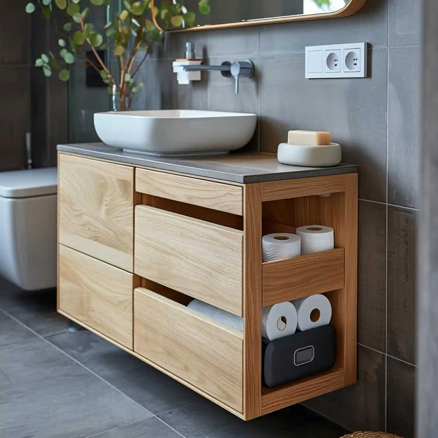 White oak slab-front floating vanity with seamless edge pulls in a modern bathroom