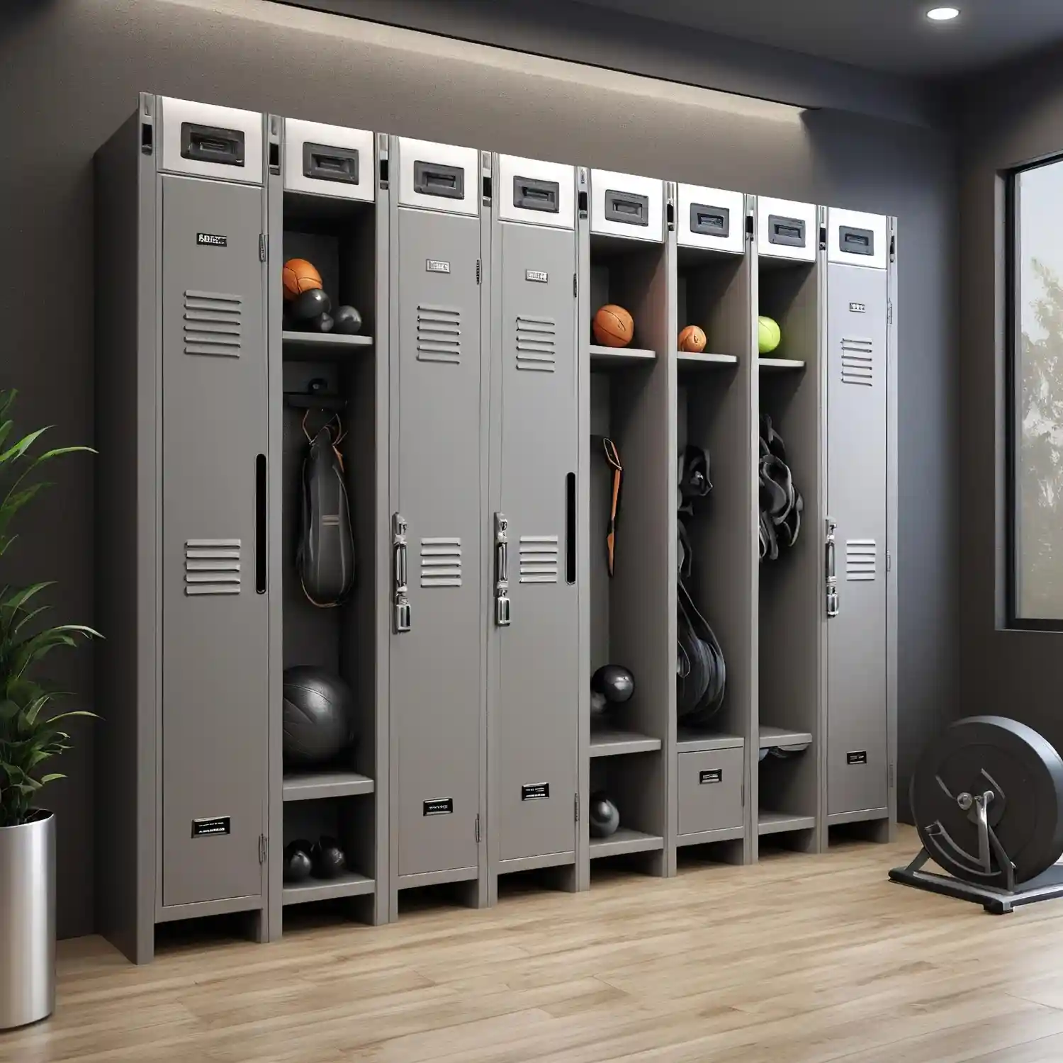 Slat-wall storage system holding weight plates, resistance bands, and a horizontal bar rack