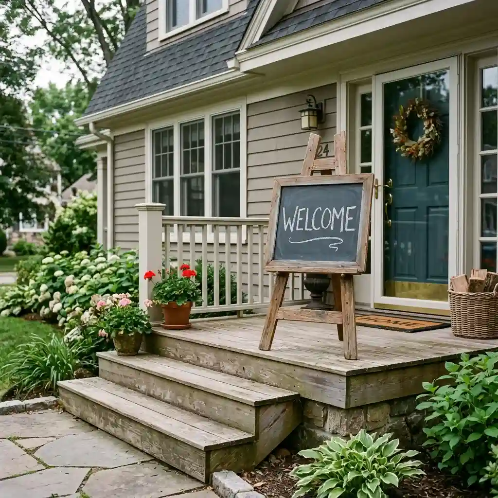 Framed slate chalkboard panel on a wooden easel beside porch steps with a chalk written word