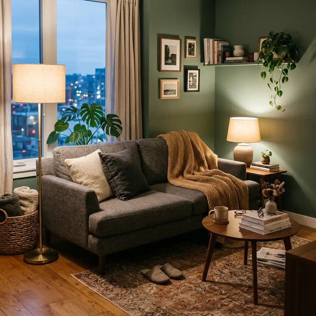 Compact apartment living room with camel throw, charcoal cushions and two warm lamps lit in the evening