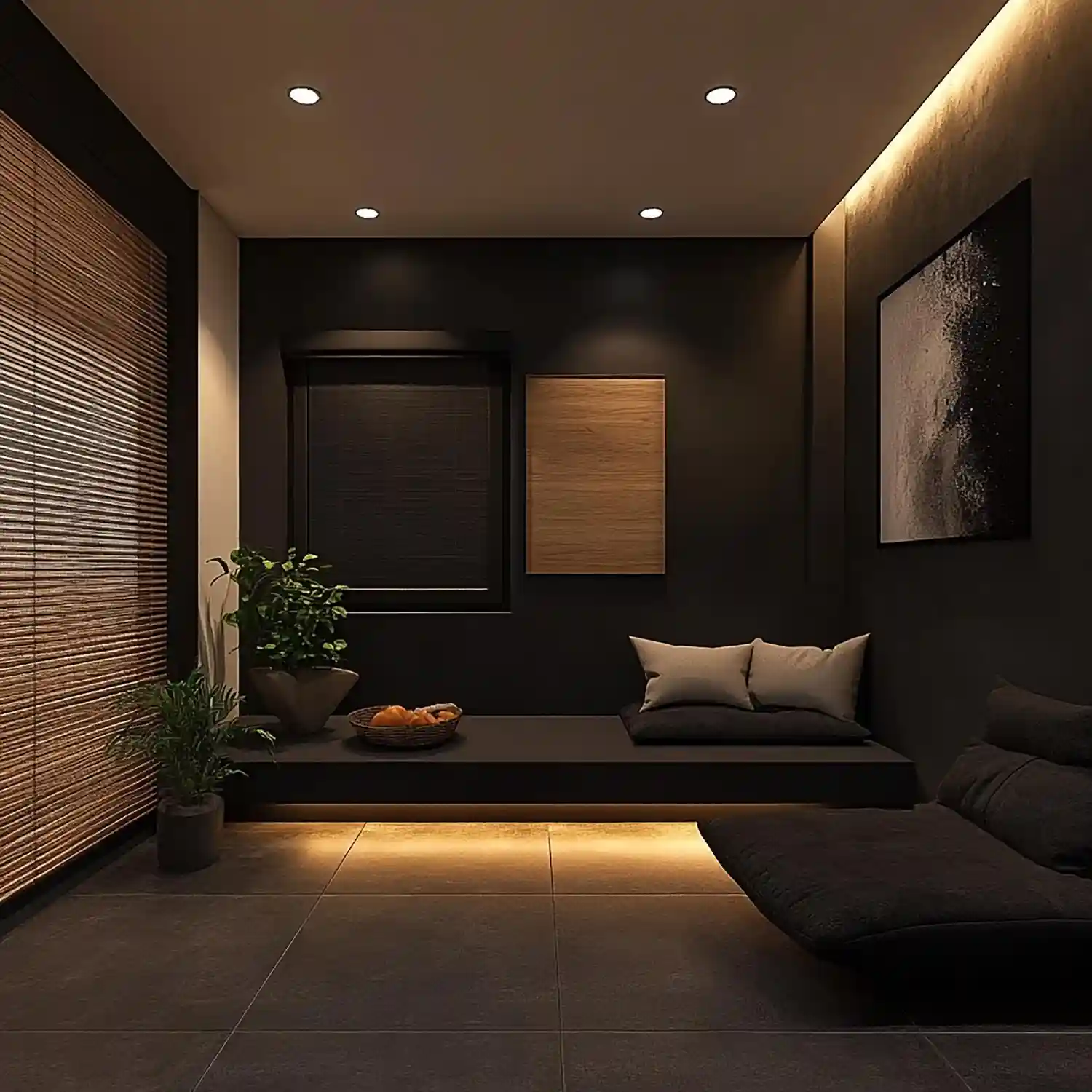 Small basement man cave with dark painted ceiling and charcoal walls, LVP walnut flooring, floating shelves, and LED strips
