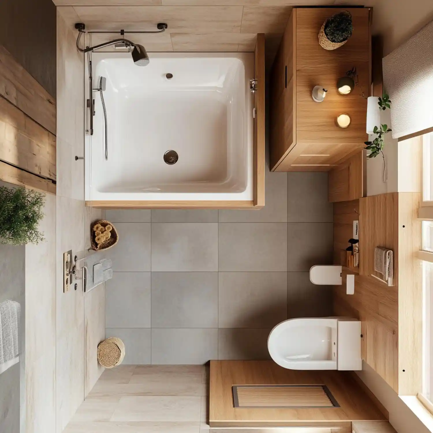 Flat lay of bathroom planning tools including tile samples, paint swatches, and a tape measure