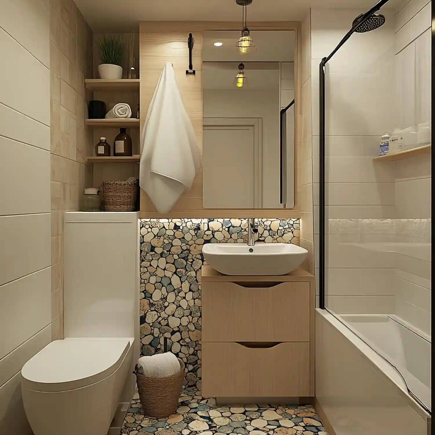 Split view comparing a cramped small bathroom layout beside an open one-wall configuration
