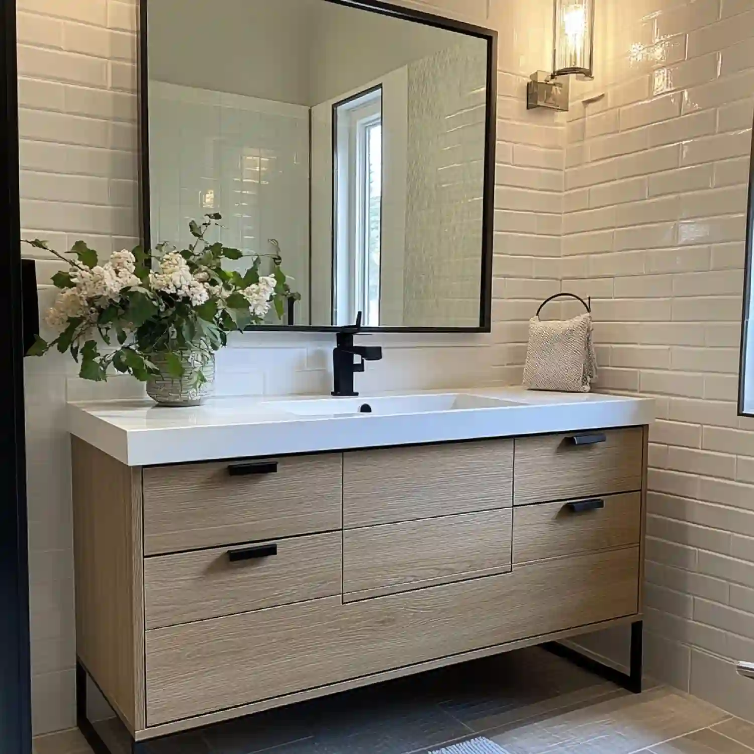 Small bathroom with floating vanity, large mirror, glass shower panel, and wall shelves for storage