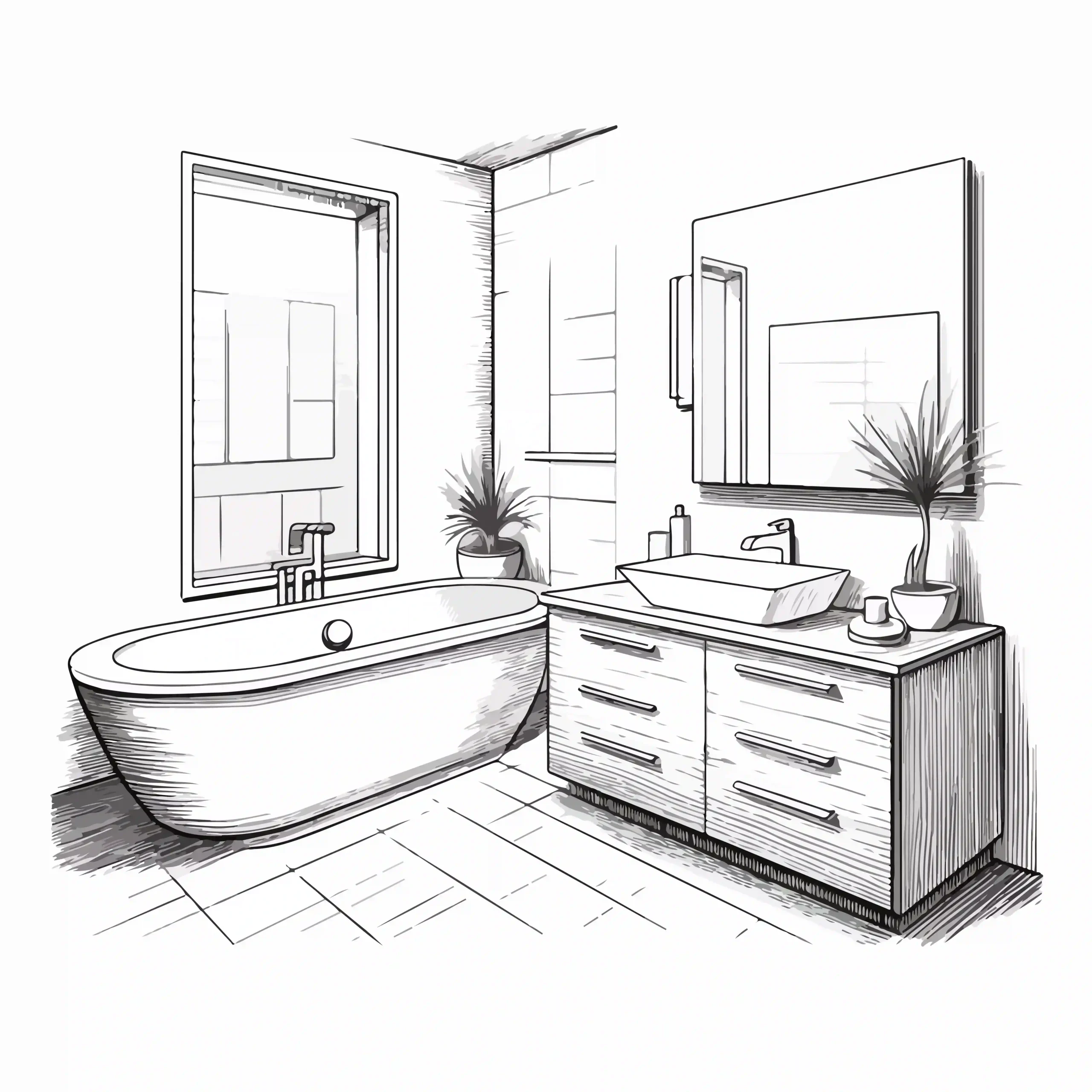 Measuring tape and a hand-drawn floor plan sketch laid over a small bathroom tile floor