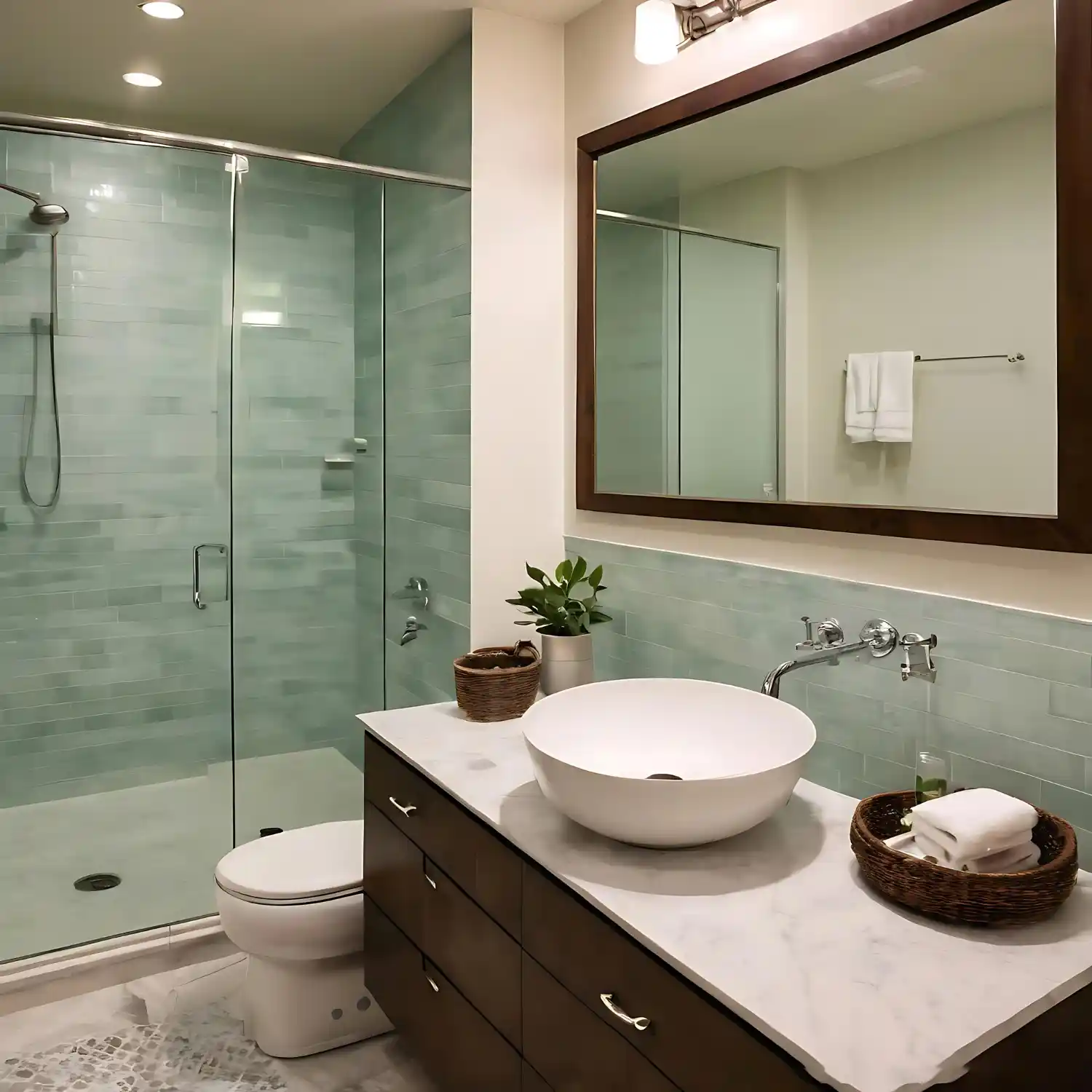 Small bathroom ideas shown through a light-filled space with a slim floating vanity and round mirror