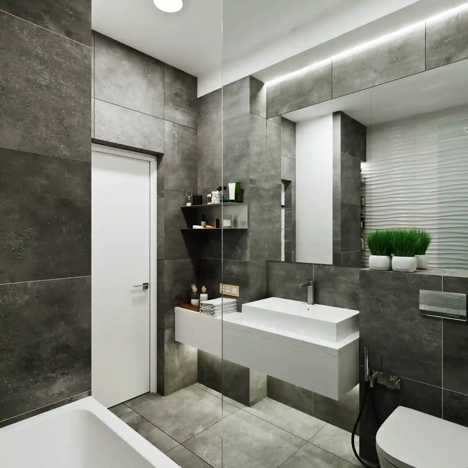 Sage green small bathroom wall with a large round mirror reflecting natural window light