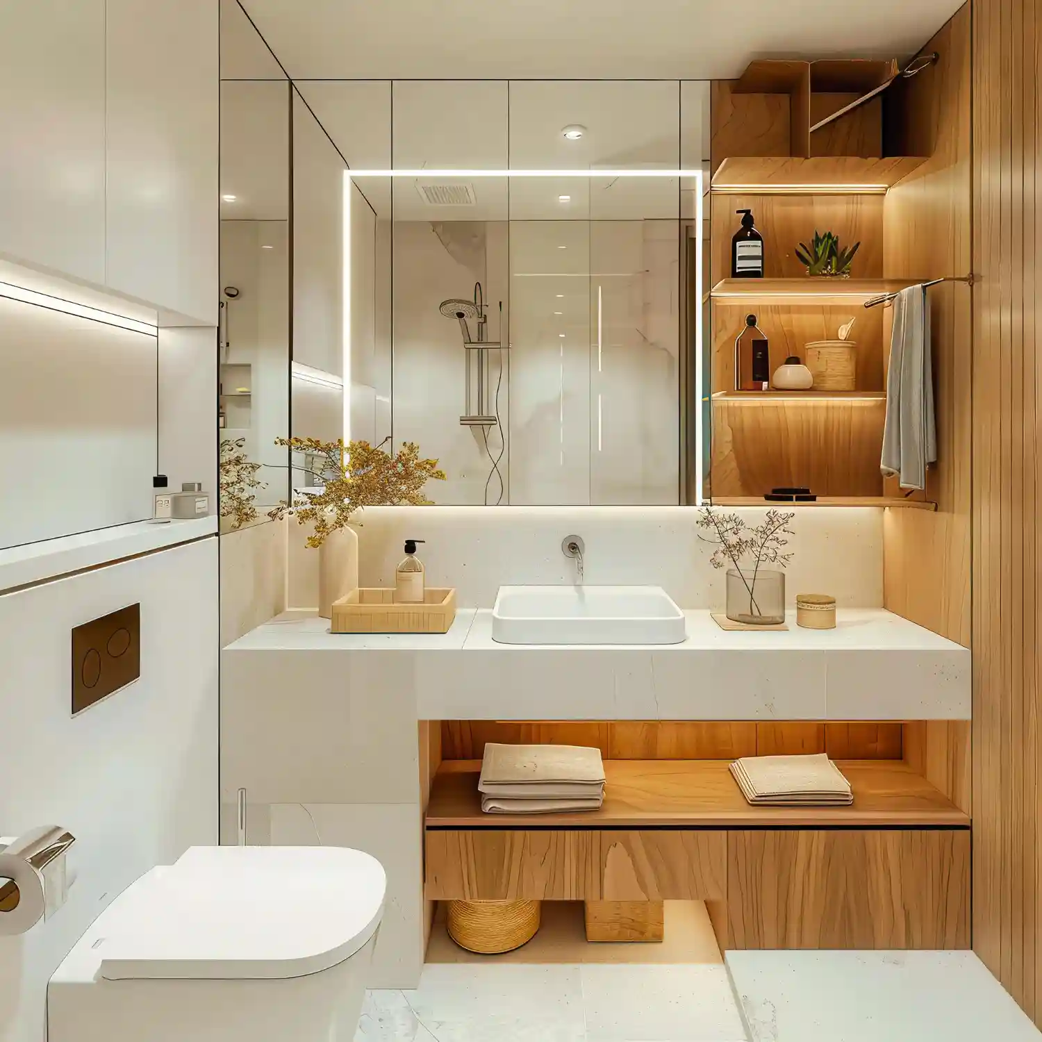 Cluttered small bathroom counter with bottles crowding the toilet tank and sink