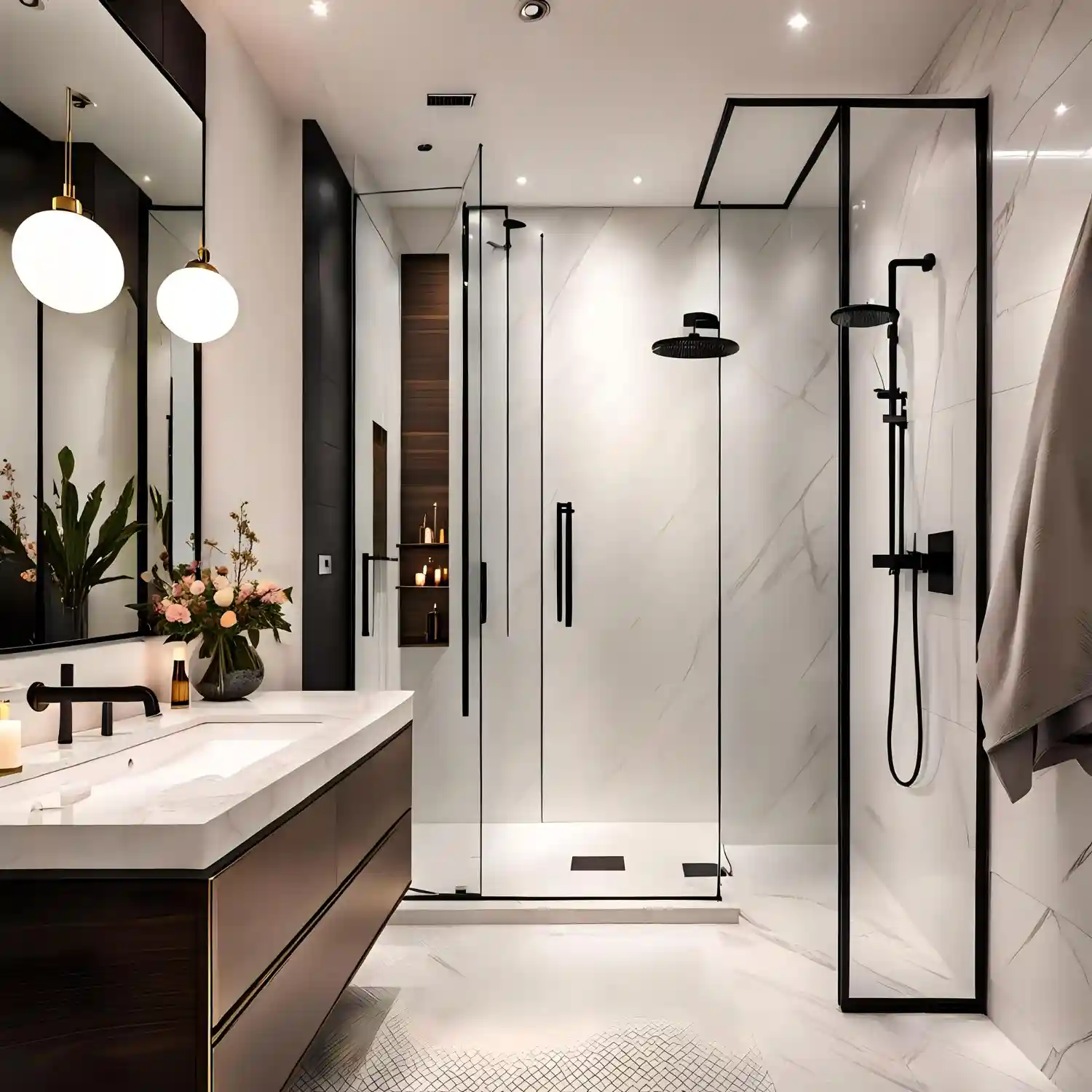 Narrow bathroom doorway showing a swinging door taking up floor space beside a bulky vanity