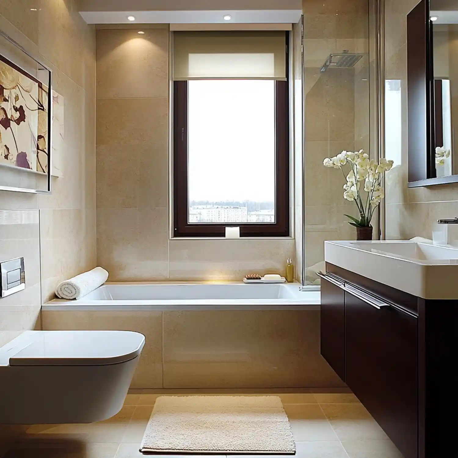 Small cohesive bathroom with one tile, warm paint, and matching brass fittings feeling planned