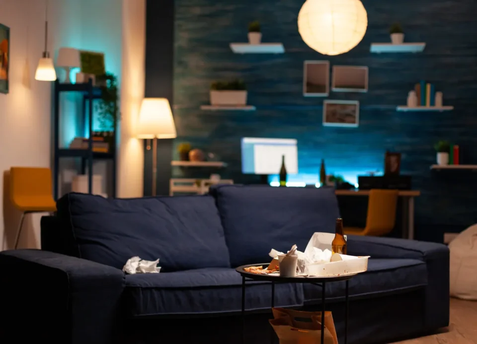 Compact dark man cave with wall-mounted TV, leather recliner, warm Edison lighting, and floating walnut shelves