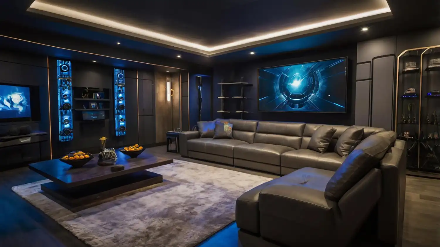 Man cave with single dark charcoal TV wall focal point, modular two-seat sofa, and LED accent strip lighting
