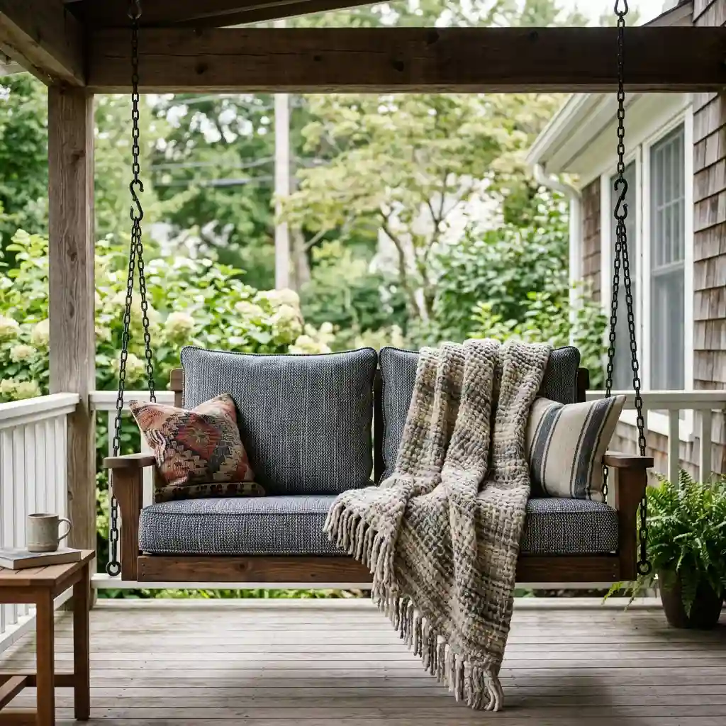 Narrow covered porch with one deep bench, two outdoor cushions, and a slim side table