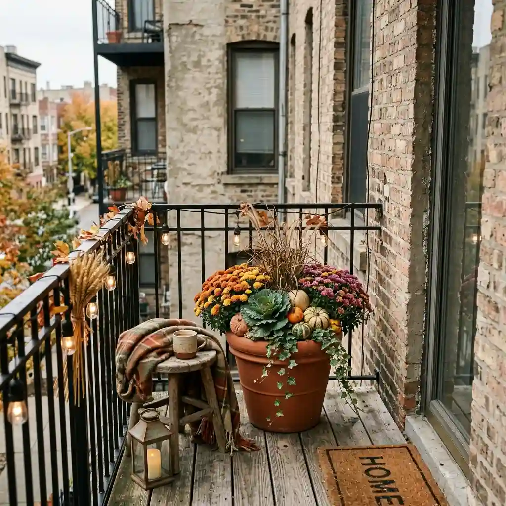 Narrow apartment balcony styled for fall with a large terracotta planter of mums and kale, rail string lights, wheat bundles, a stool with a plaid throw and a lantern
