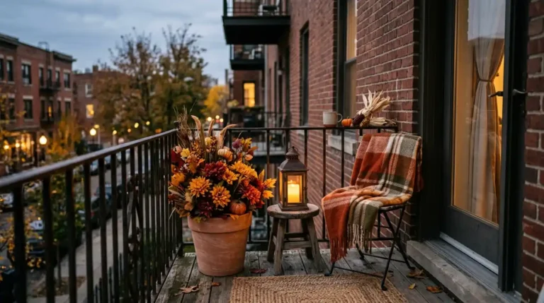 Small apartment balcony styled with one fall planter, faux mum stems, and a warm lantern glow