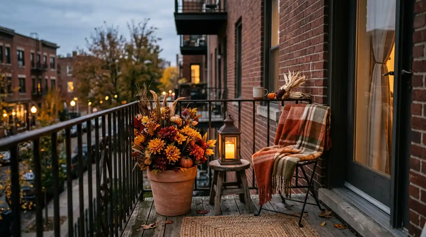Small apartment balcony styled with one fall planter, faux mum stems, and a warm lantern glow