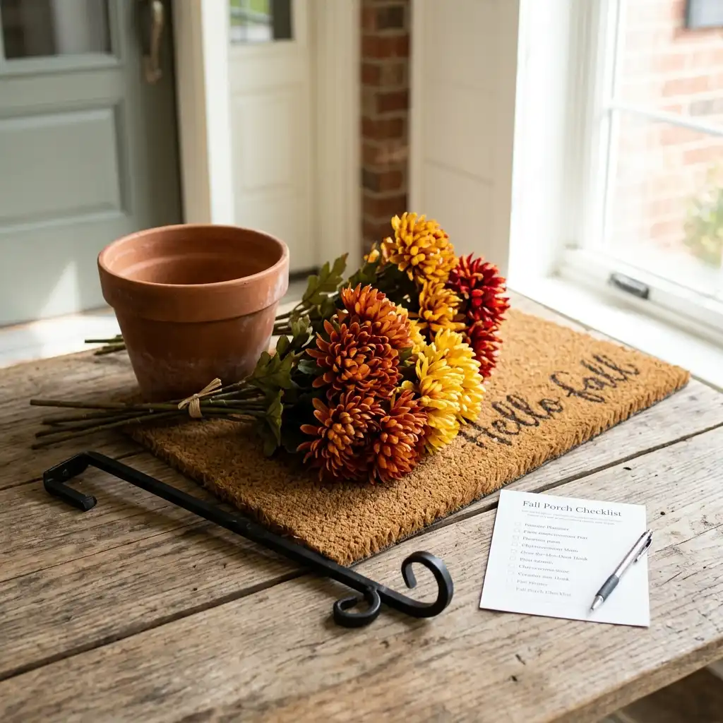 Fall porch checklist card and pen beside a terracotta pot, mum stems, a Hello Fall coir doormat and a black over-door hook