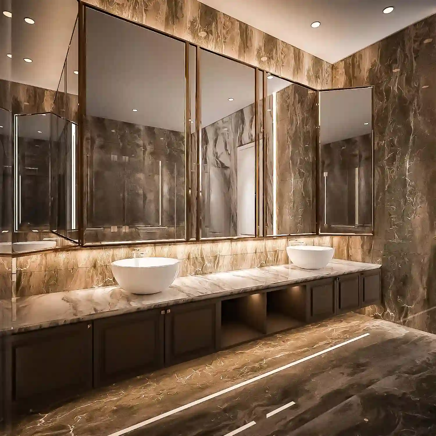 Small bathroom vanity with a warm honed statement stone top making a compact space feel considered