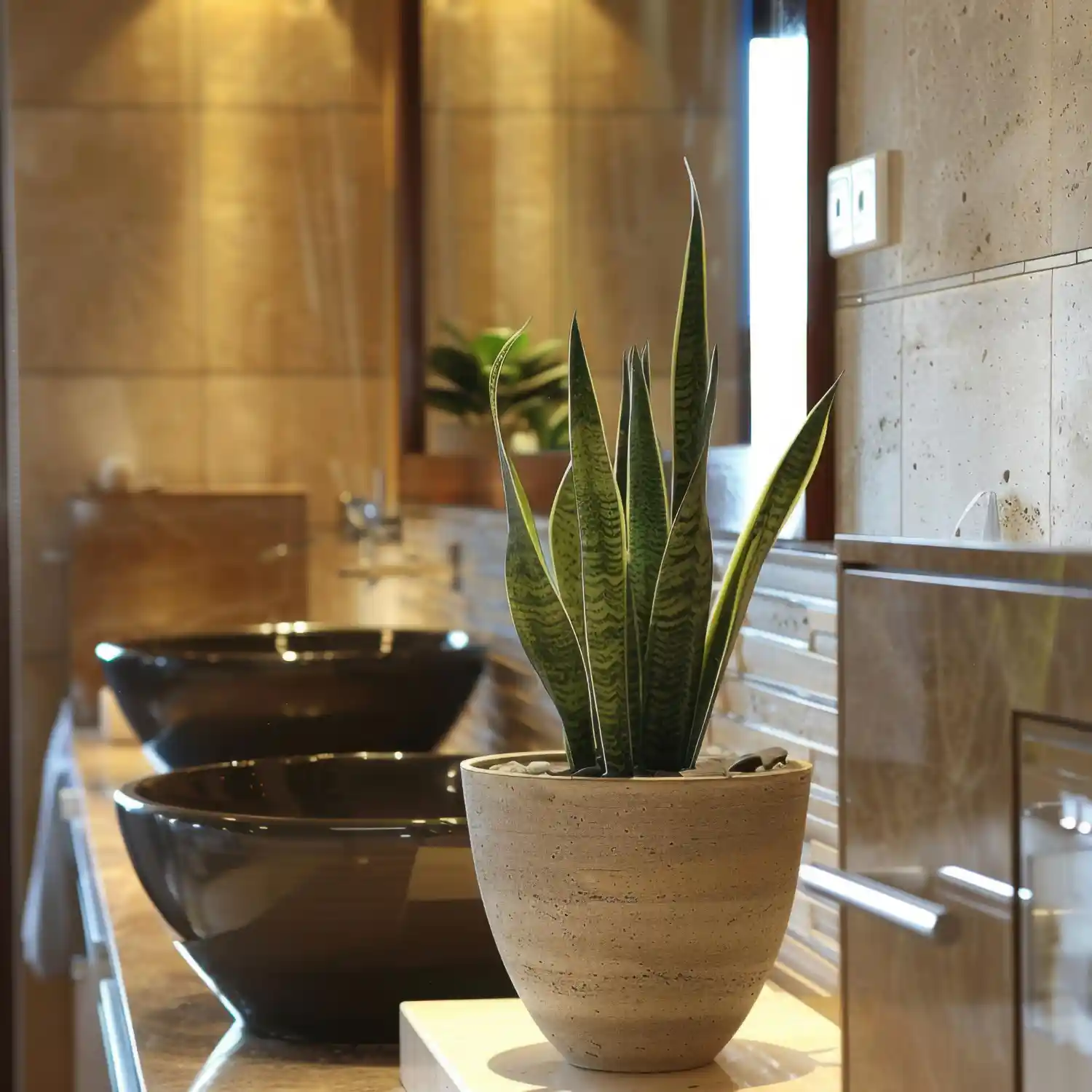Tall snake plant in a ceramic pot on a bathroom toilet tank beside matte black hardware