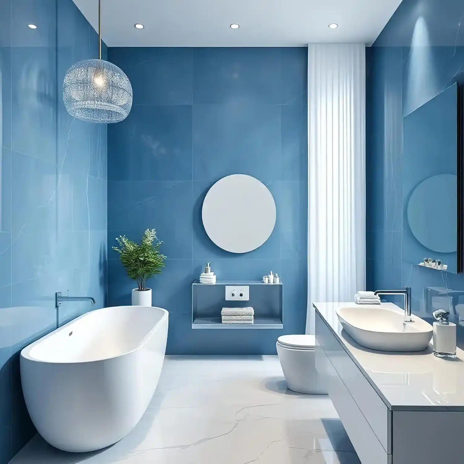 Airy soft blue bathroom with powder blue walls, white fixtures, and bright natural light