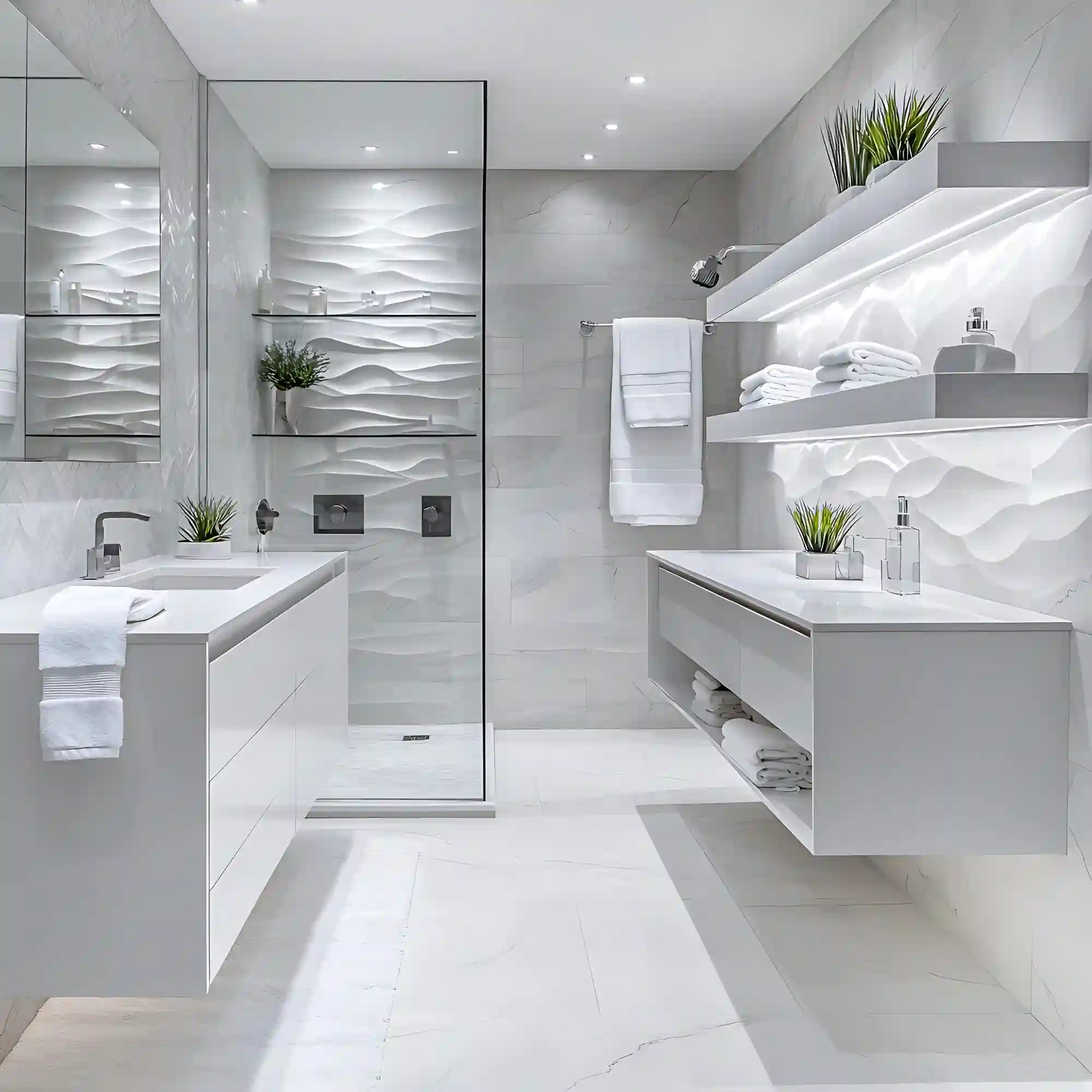 Soft white and sandy neutral bathroom walls with warm trim and natural light