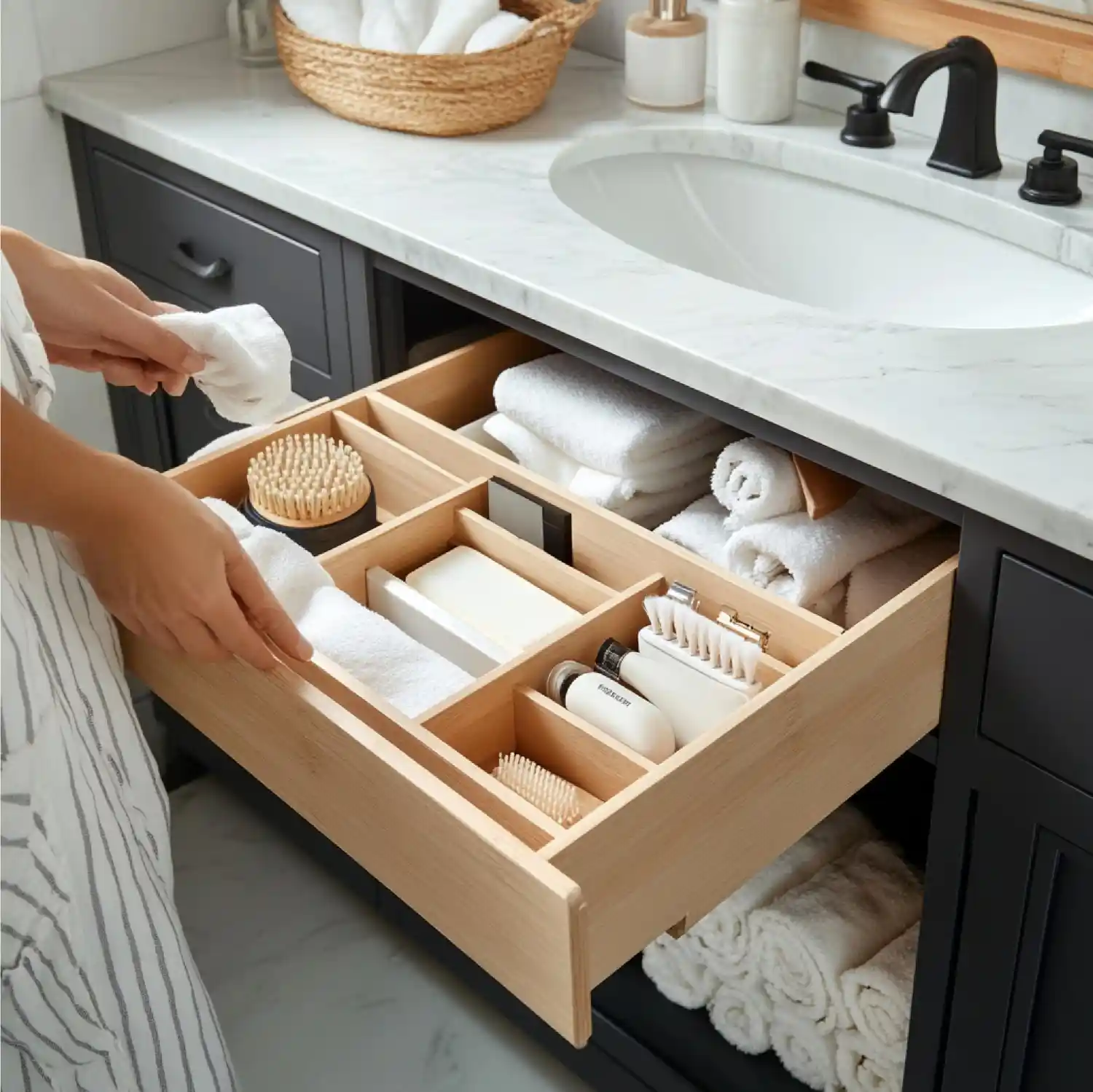 Flat lay of spa bathroom styling essentials including linen towels, wood tray, and diffuser