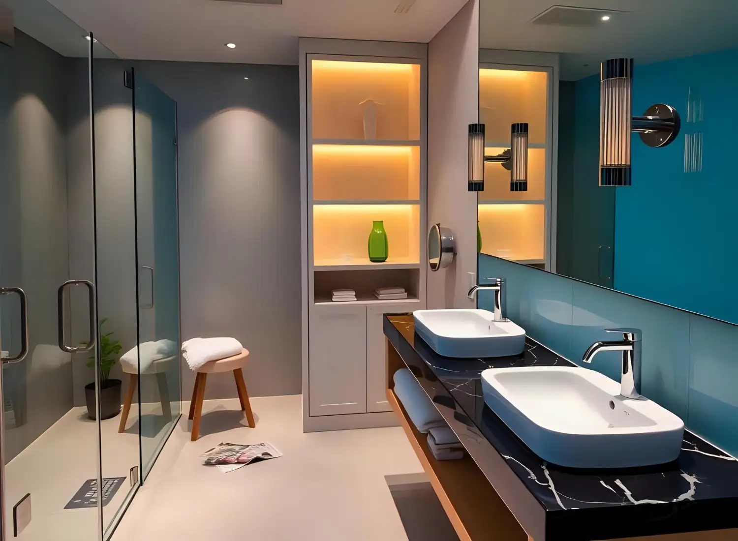 Calming spa-inspired bathroom vignette with warm stone, wood, and linen textures grouped together