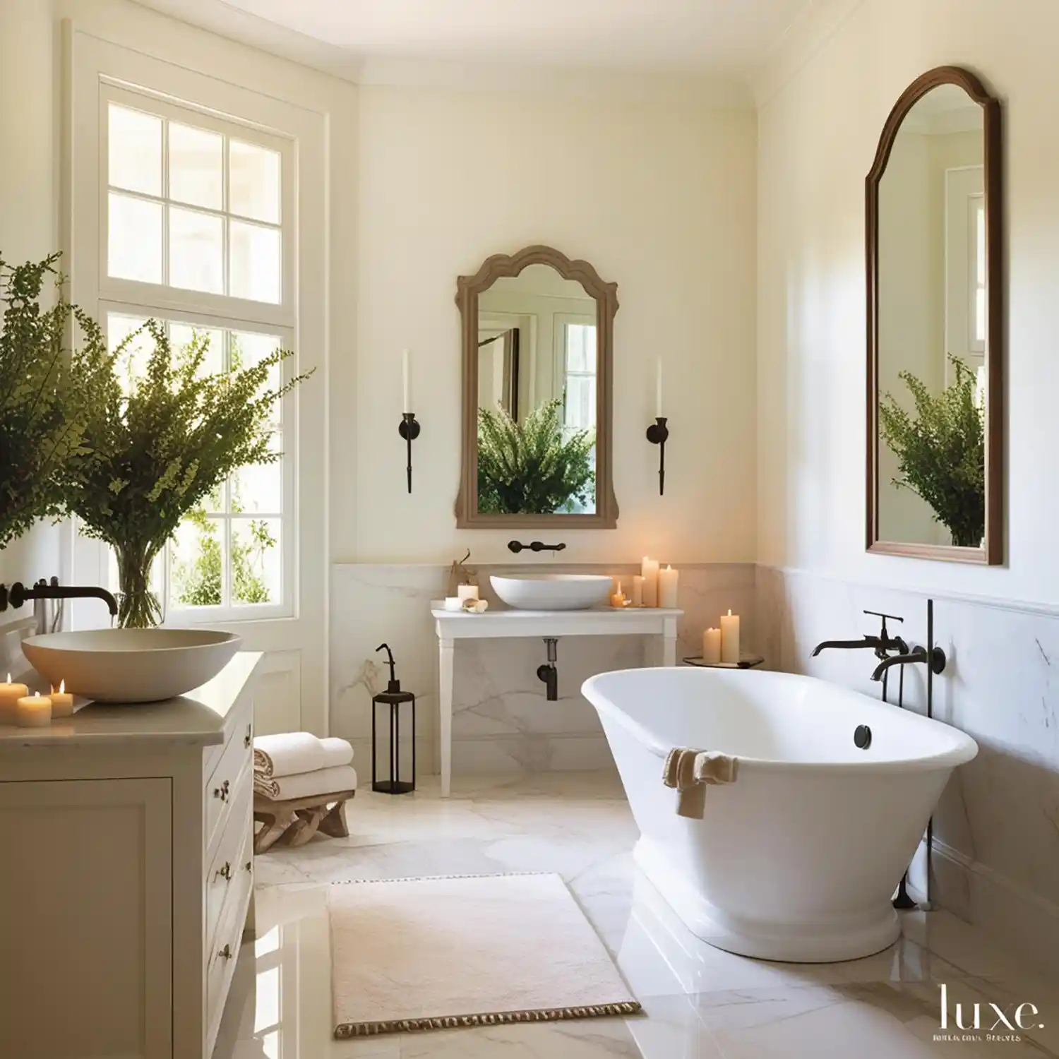Muted spa bathroom ideas scene with soaking tub, natural stone, and warm ambient light