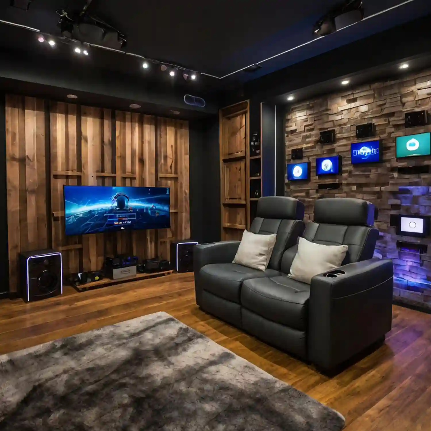 Small man cave ideas with floating wall shelves, modular two-section sofa, storage ottoman, and wall-mounted flat screen