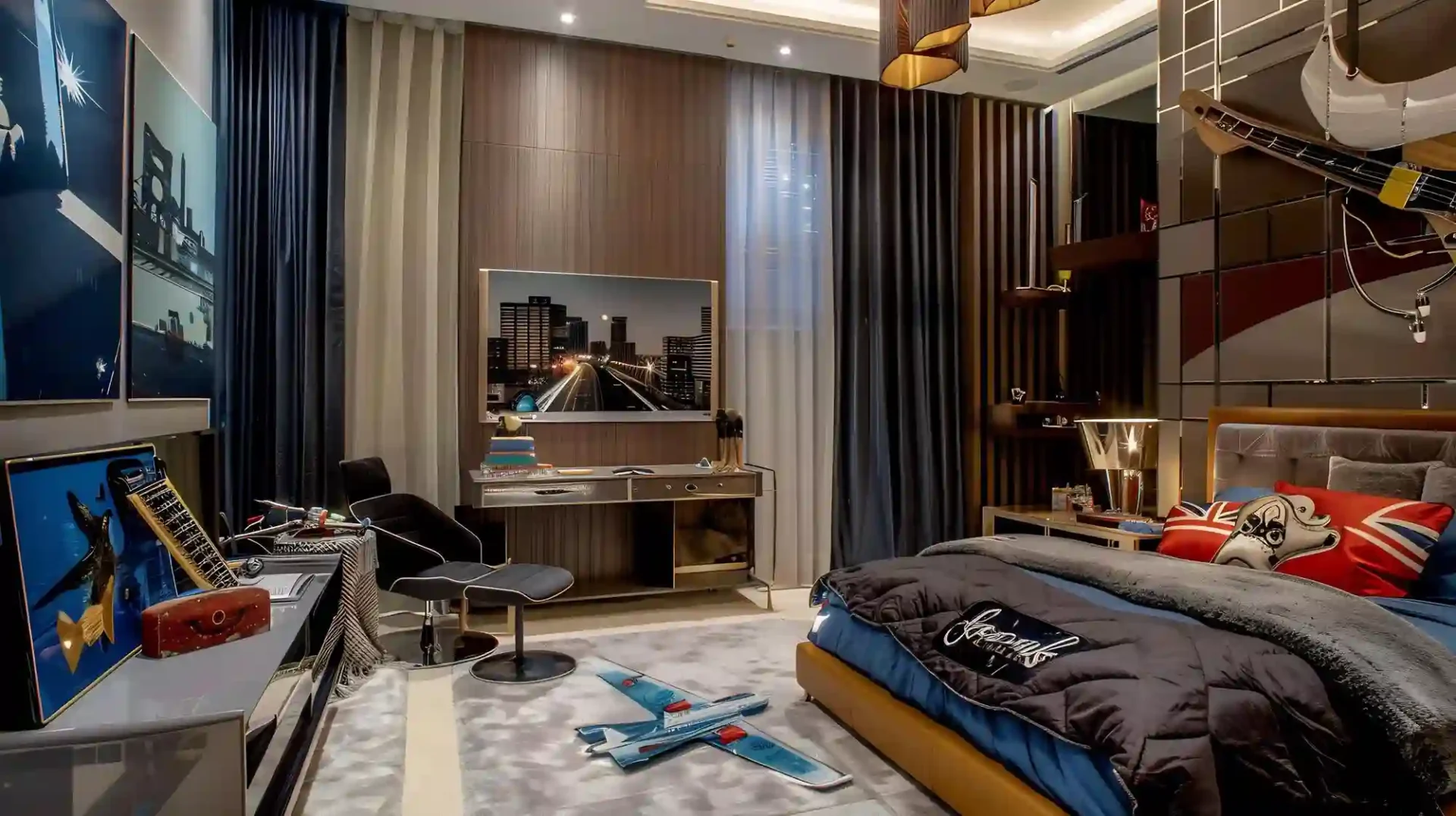 Guest-ready man cave with charcoal sleeper sofa, walnut media wall, rust rug, closed storage, and warm bedside lighting