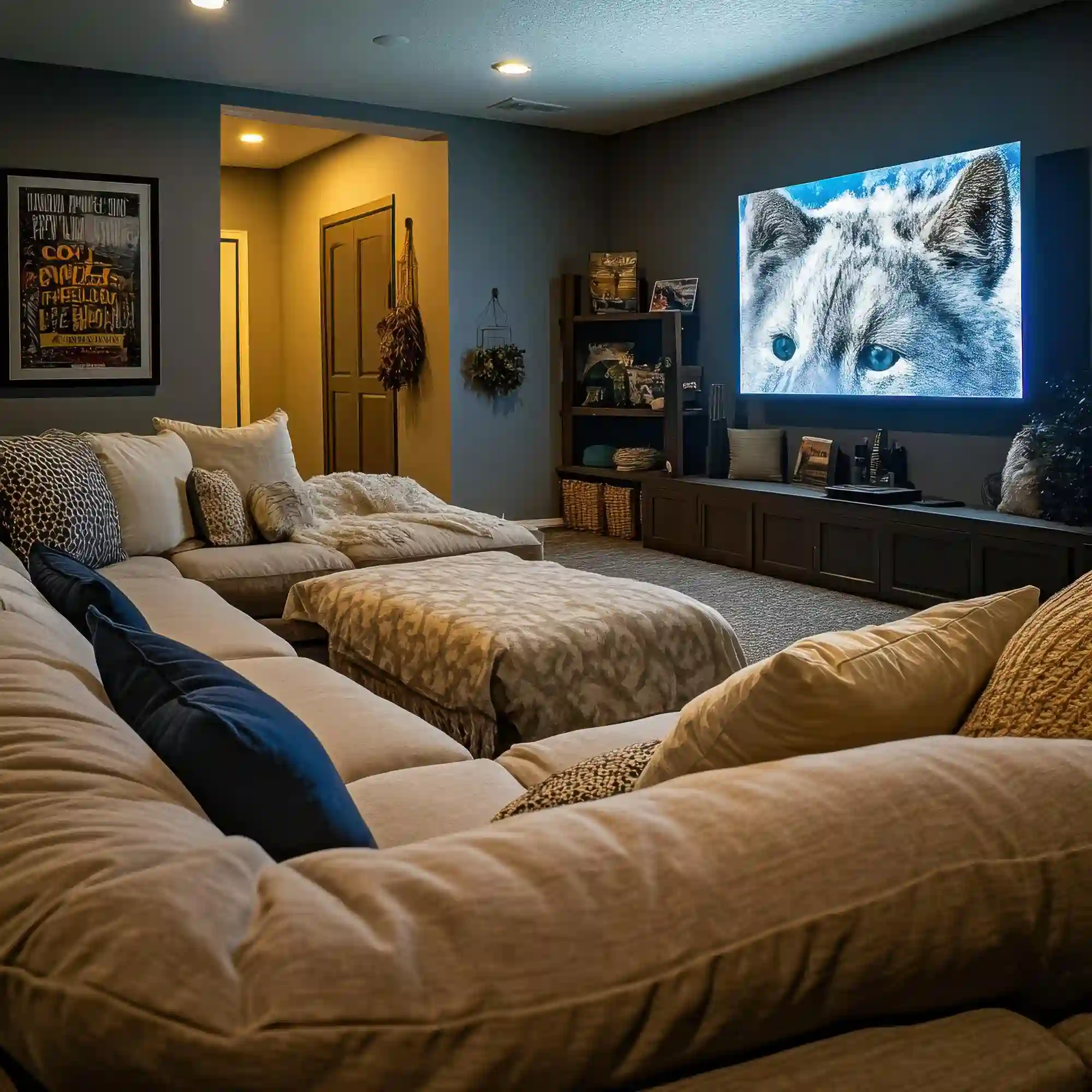 Collage of sleeper-sofa lounge, daybed sports den, wall-bed office, gaming room, and neutral guest retreat