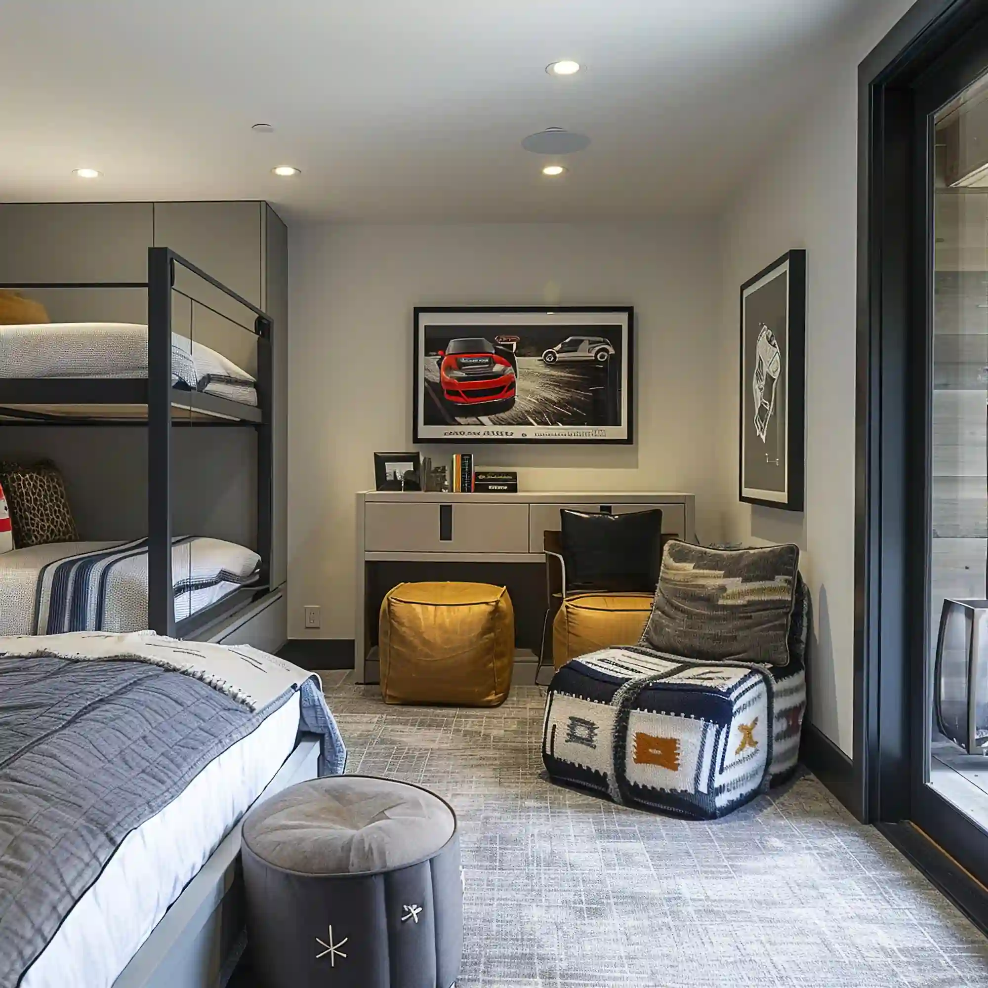 Cluttered spare room beside a finished daybed lounge with closed cabinet, clear walking route, and two shaded lamps