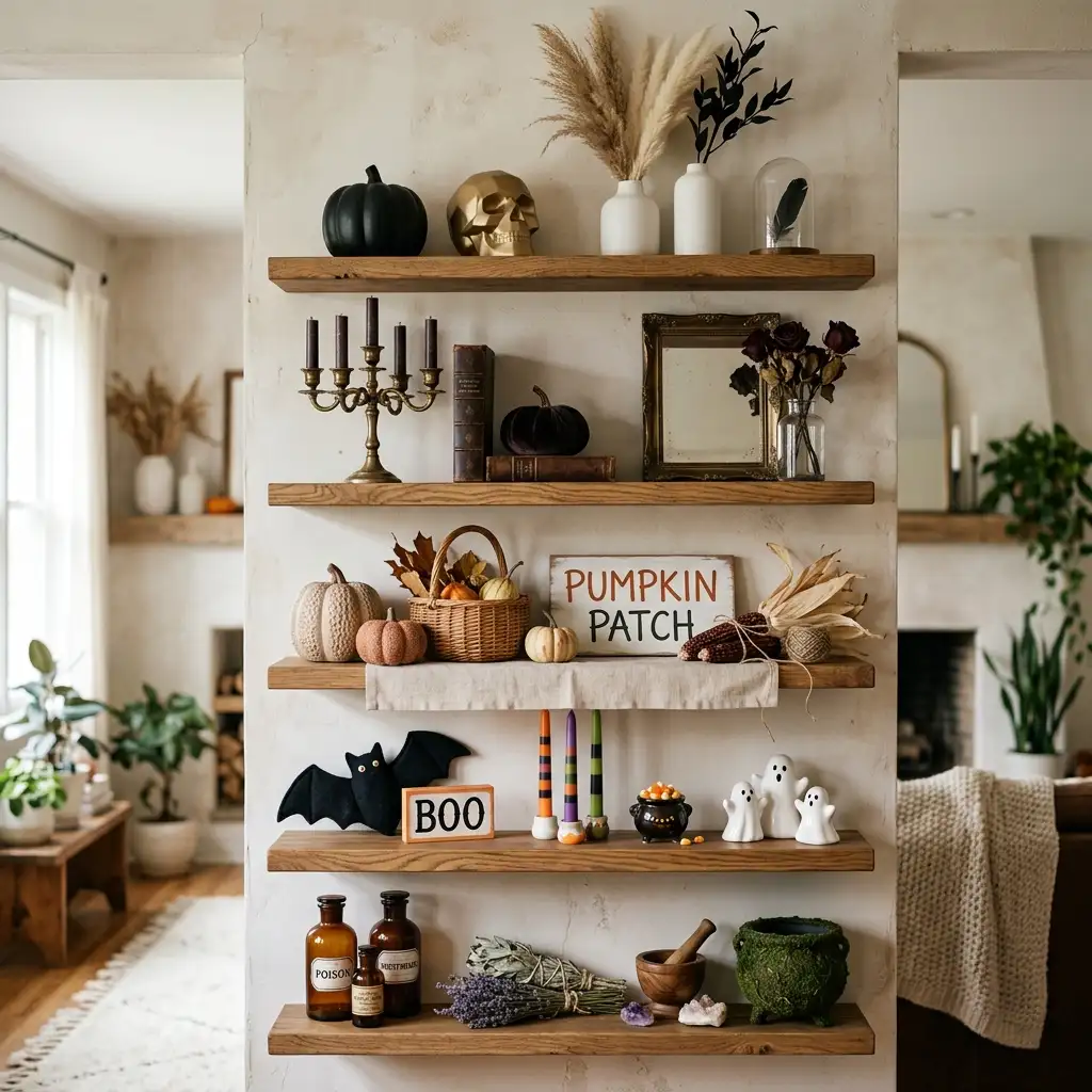 Five Halloween decor styles stacked on one shelf unit — gold skull and black pumpkin, brass candelabra and antique books, a harvest pumpkin patch shelf, a cute bat and ghost row, and an apothecary witchy shelf