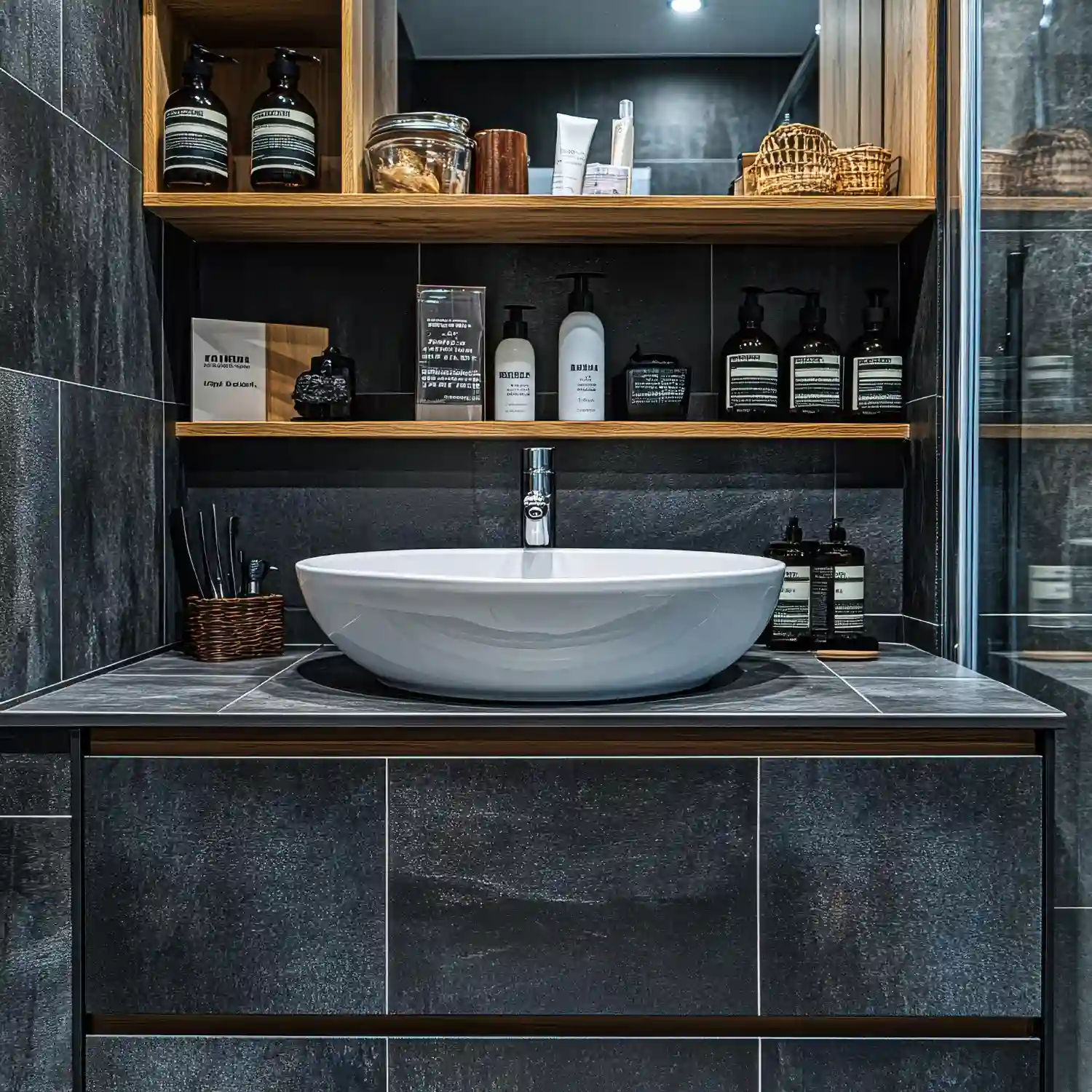 Modular stackable metal shelving under a bathroom sink with bins tucked beneath the frame