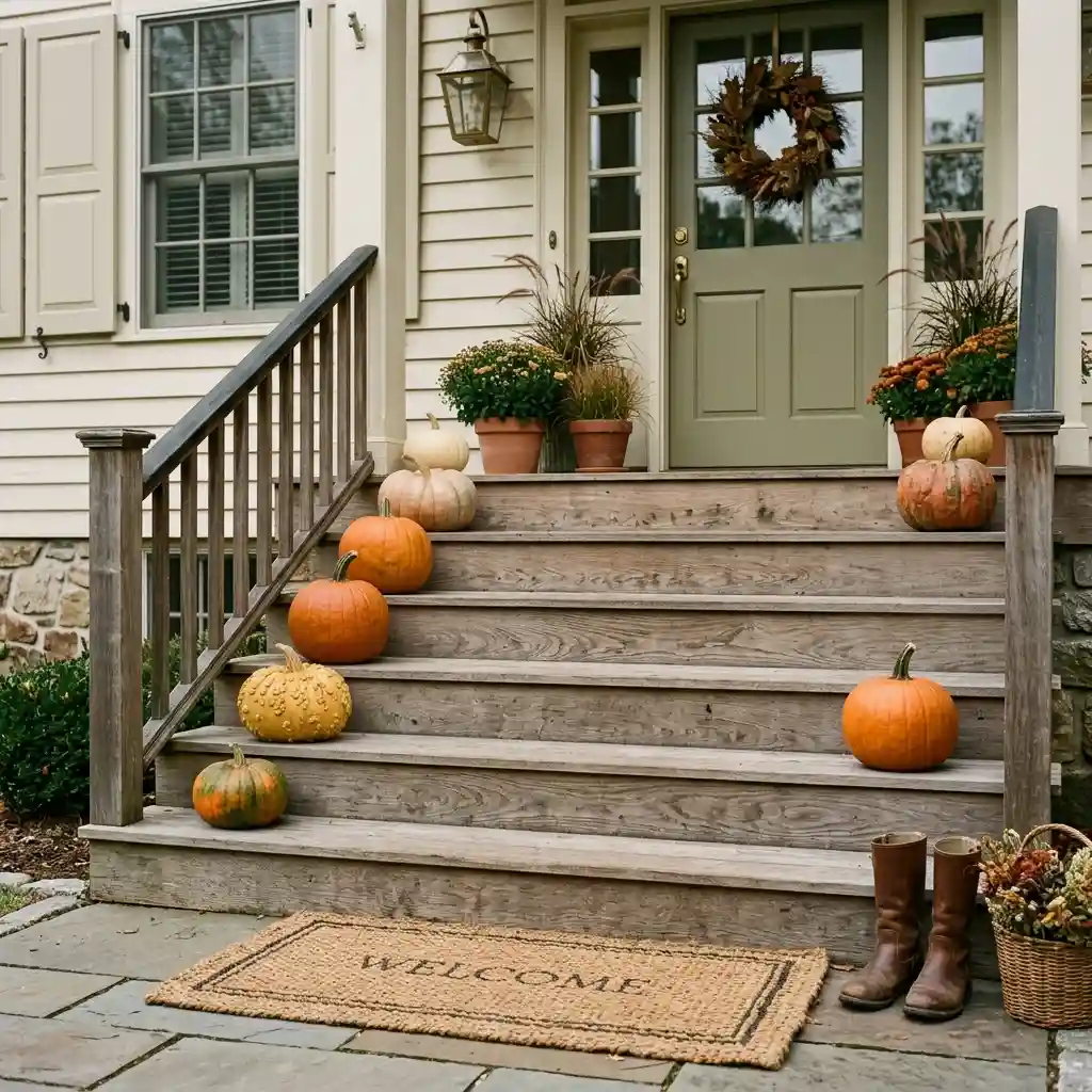 Pumpkins placed one per tread on alternating sides of porch steps with a jute mat at the base