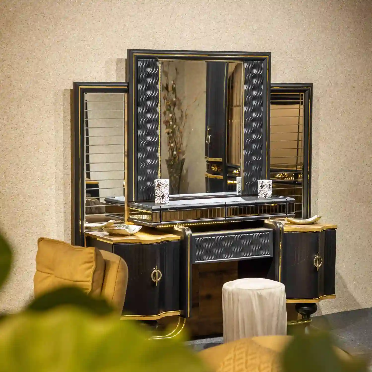 Collection of statement bathroom mirror ideas in arched, round, oval, and organic shapes on white tile walls