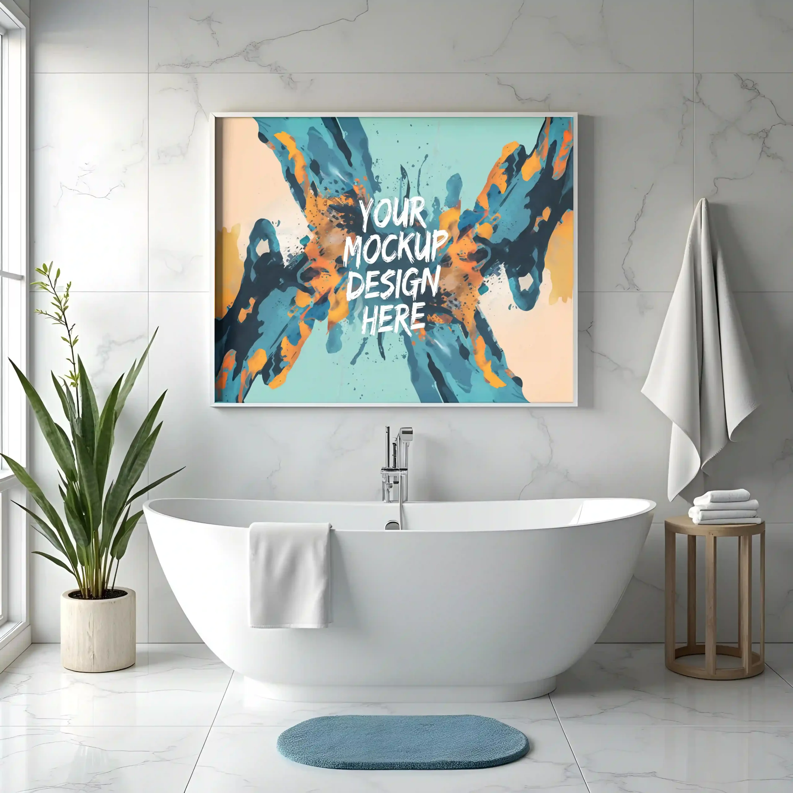 Framed botanical print with acrylic glazing hung opposite a bathroom vanity, away from the shower