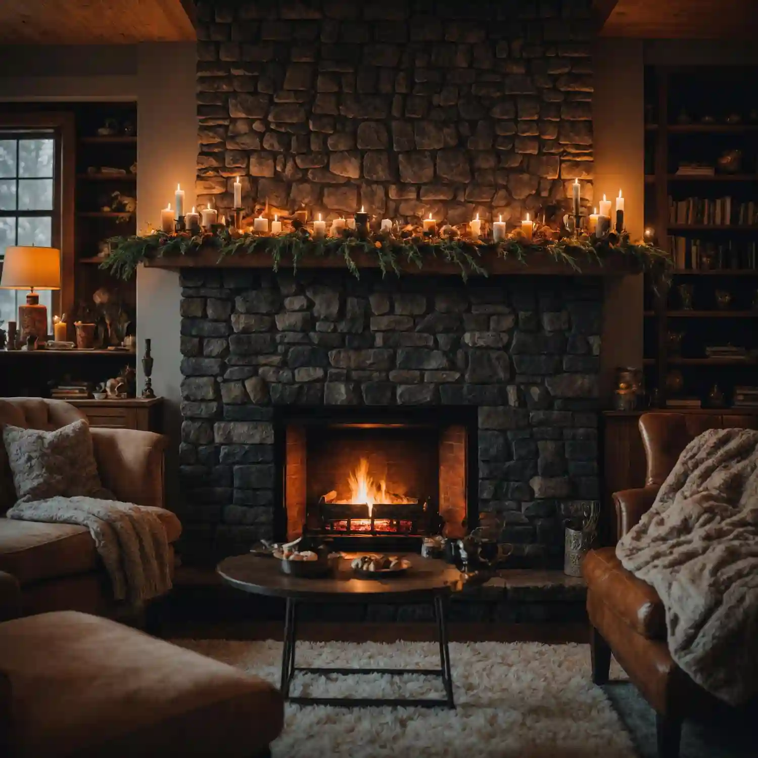 Stone veneer feature wall surrounding a fireplace in a rustic man cave