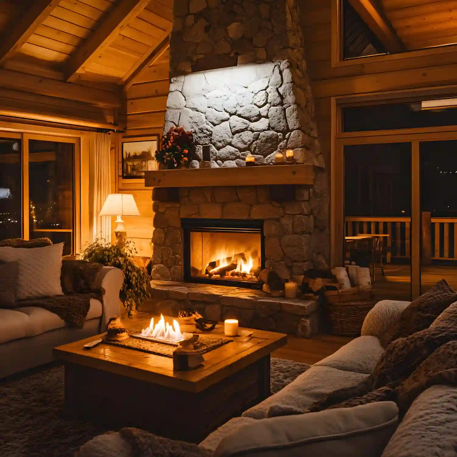 Stacked-stone fireplace feature wall with walnut flooring in a man cave lounge