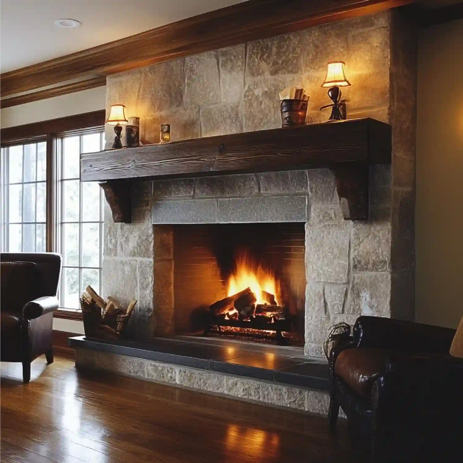 Stacked stone fireplace with a thick reclaimed timber mantel in a lodge-style man cave