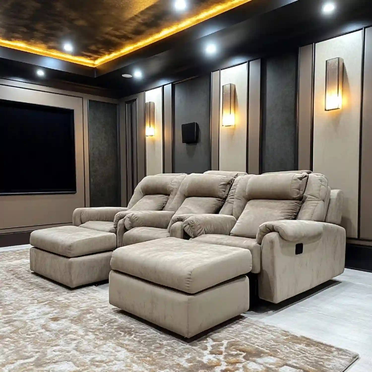 Supportive cognac leather recliner and compact charcoal sofa arranged around a low side table