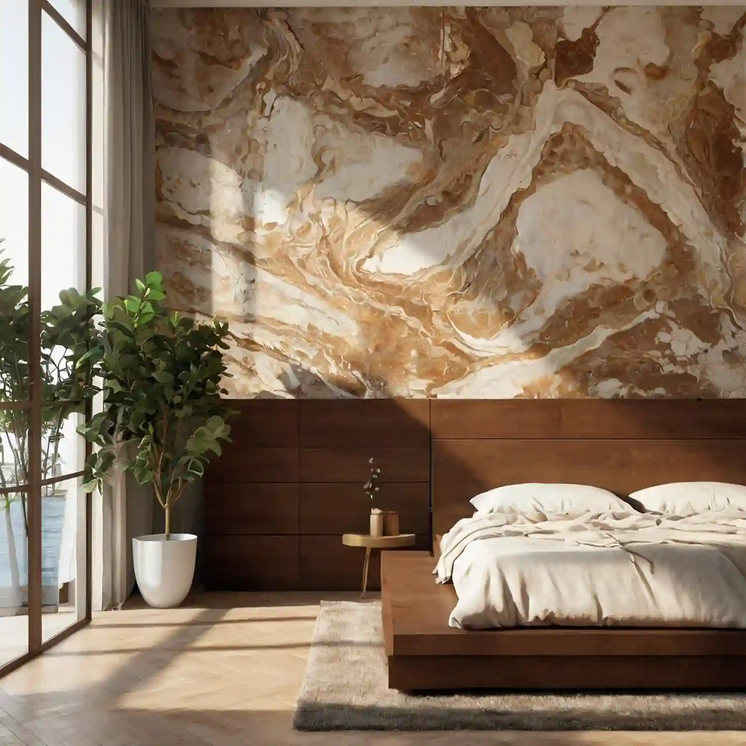 Bedroom with tan woven grasscloth wallpaper, walnut platform bed, cream linen duvet, and natural sisal rug