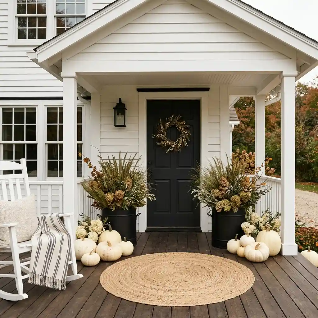 Tan stucco entry lifted by charcoal planters, deep olive grasses and a dark bronze lantern