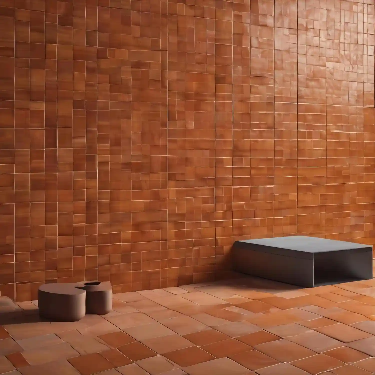 Warm ochre and terracotta painted bathroom wall with cream ceiling and brass mirror