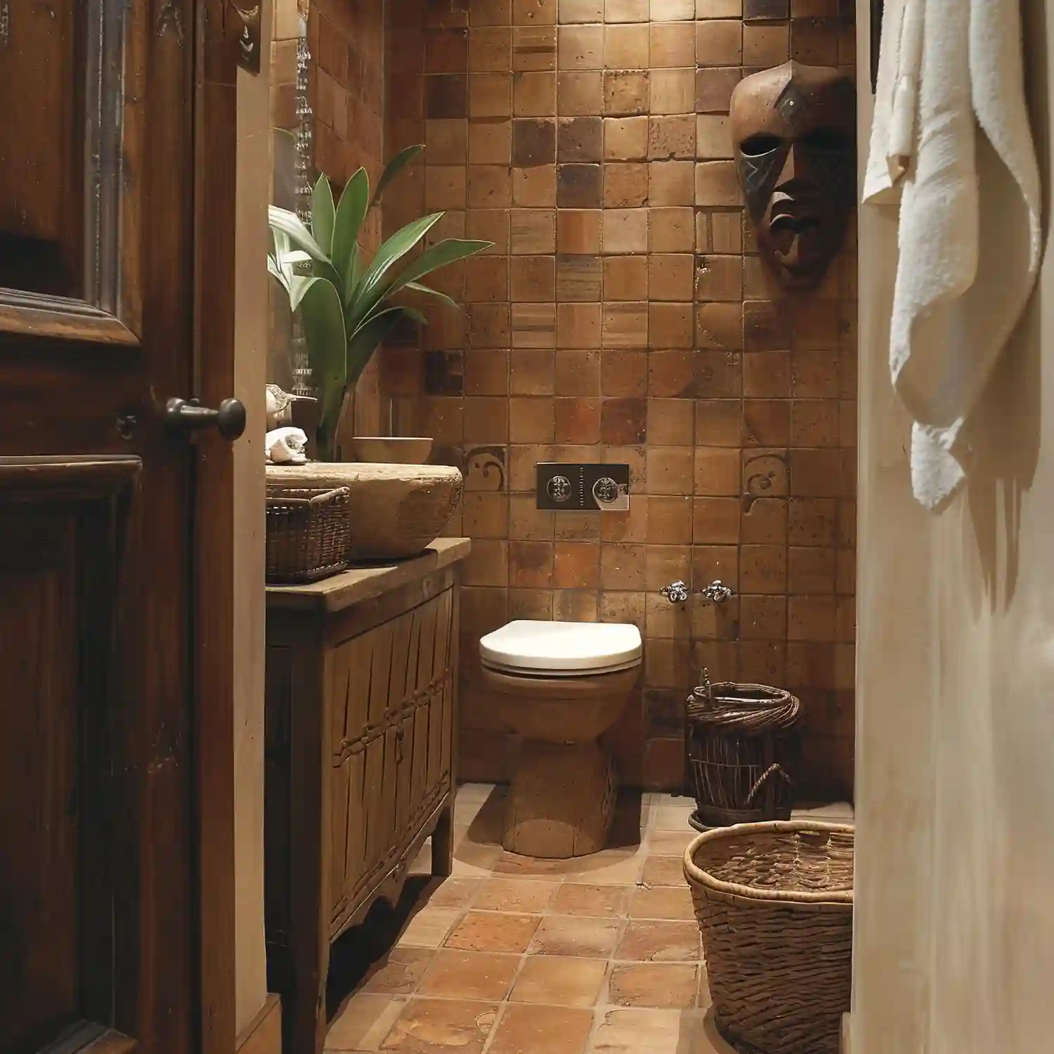 Bathroom foundation in terracotta floor tile and limewash clay walls in warm rust tones