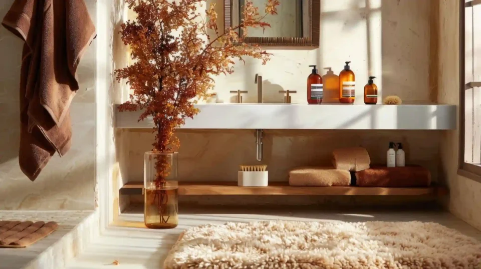 Warm limestone bathroom with a long stone counter, aged brass tap, rust brown towel and a vase of autumn branches in soft daylight
