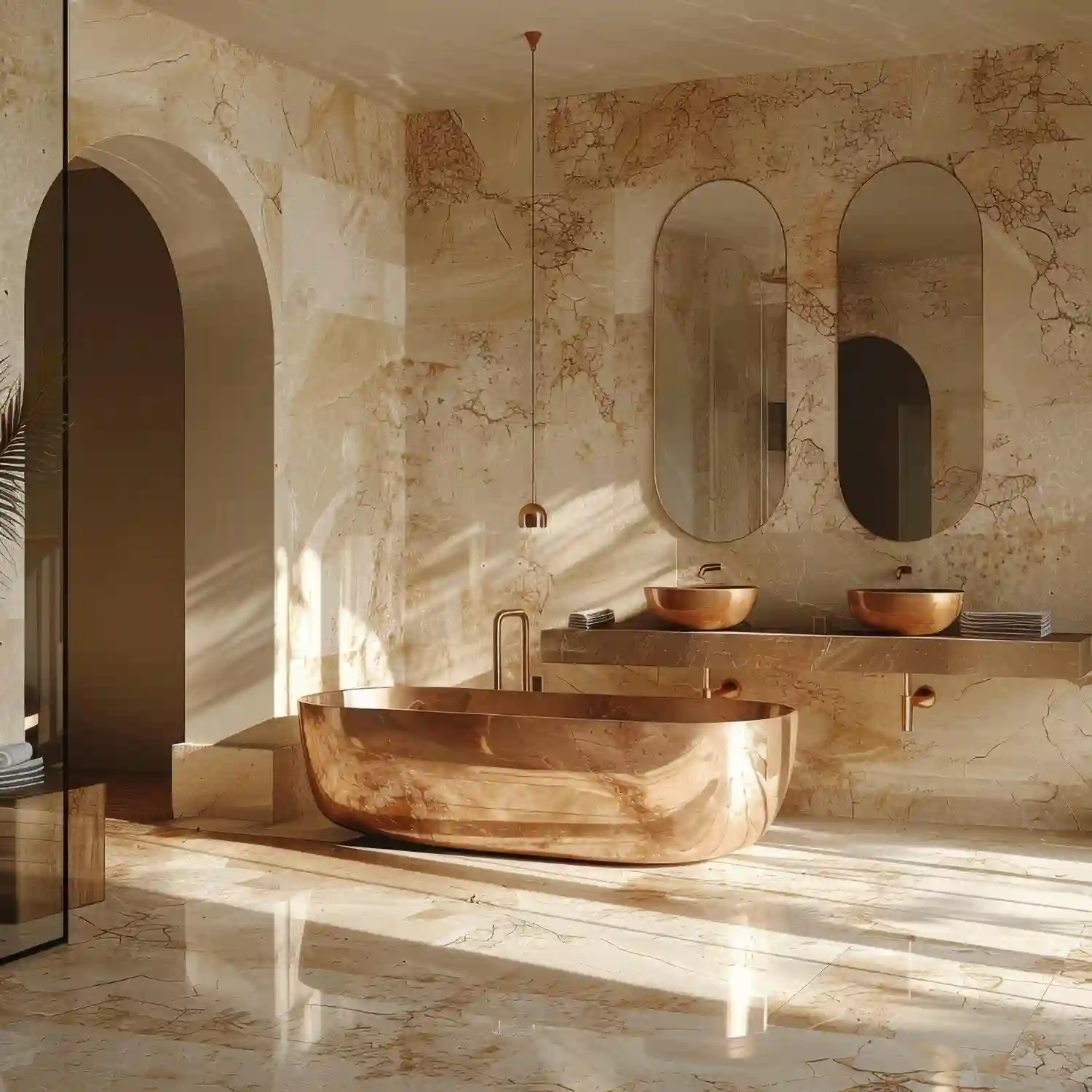 Warm terracotta clay bathroom floor tile in rust and blush tones with cream walls and aged brass