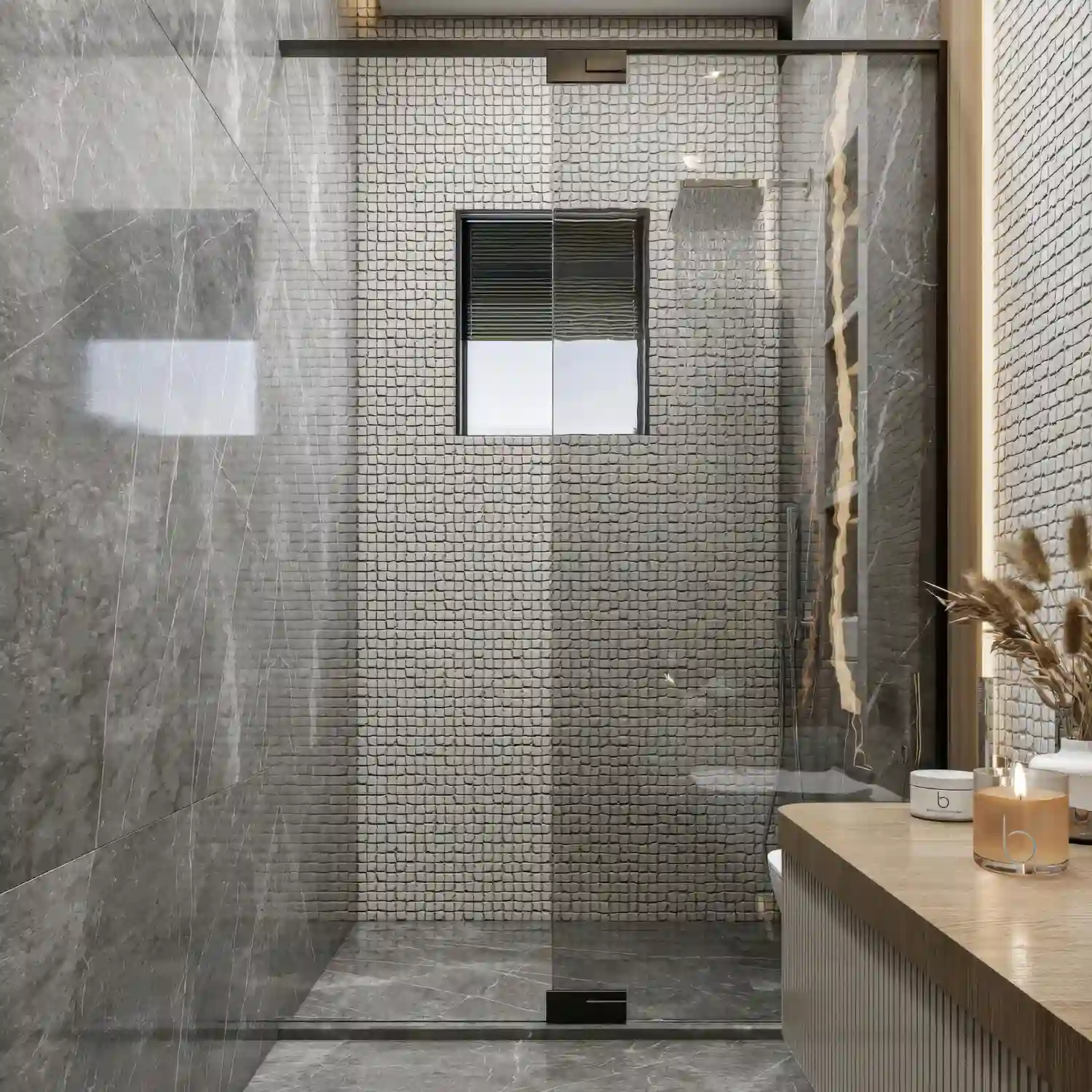 Warm terracotta clay floor tile in a bathroom with a wood stool and linen towel