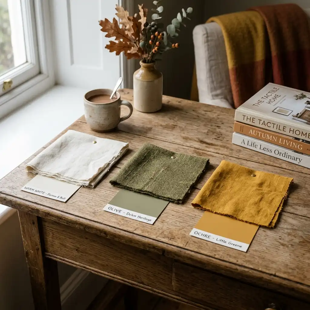 Three fabric swatches labelled warm white, olive and ochre laid on an oak table with matching paint chips, a mug and dried oak leaves
