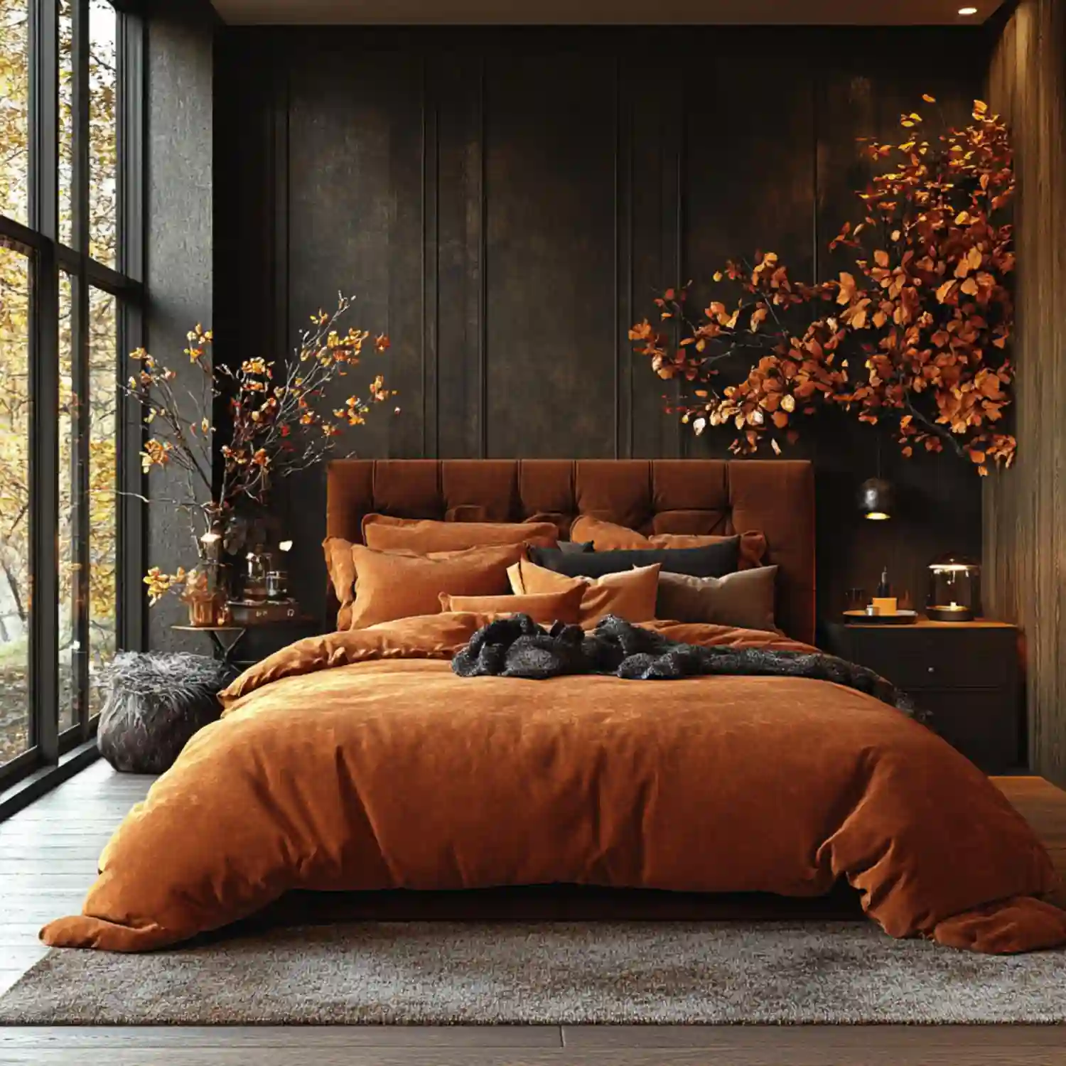 Layered terracotta and sand-toned pillow covers on ivory linen duvet with rattan pendant above the bed